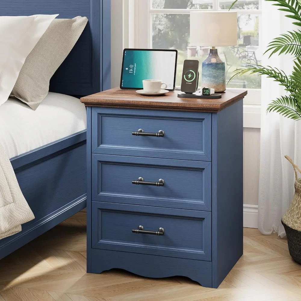 Blue Nightstand with Charging Station 19.7