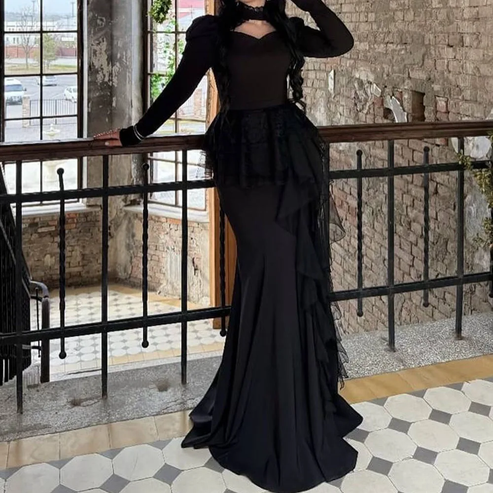 

Customized A-Line Prom Dresses Floor-Length High-Neck Full Sleeve Evening Gown Simple Fashion Lace Draped Casual Party Gown