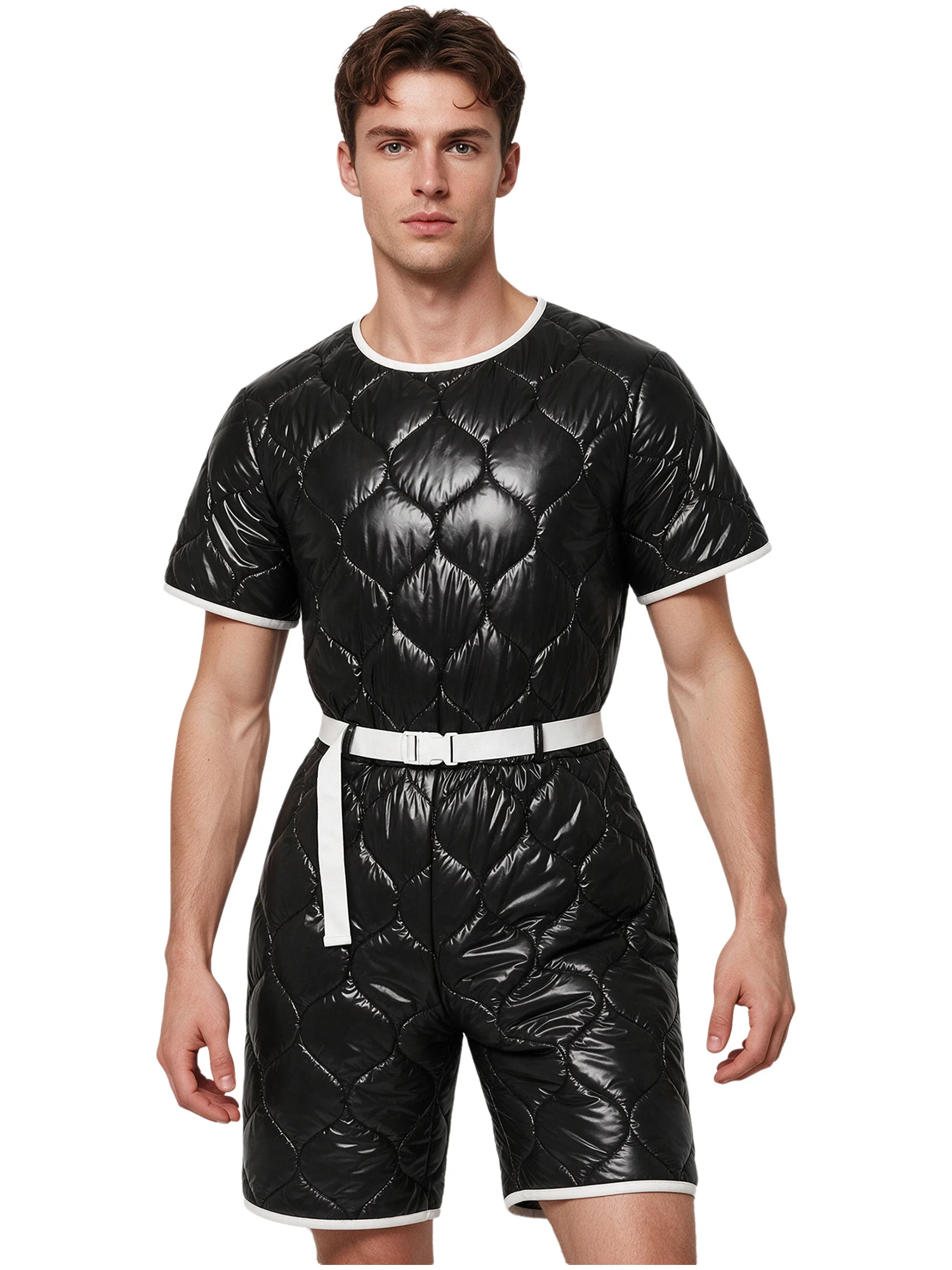 Wasserabweisender, gepolsterter Overall für Herren, kurzärmelig, mit unsichtbarem Reißverschluss am Rücken, knielang, mit Taschen und verstellbarem Gürtel.