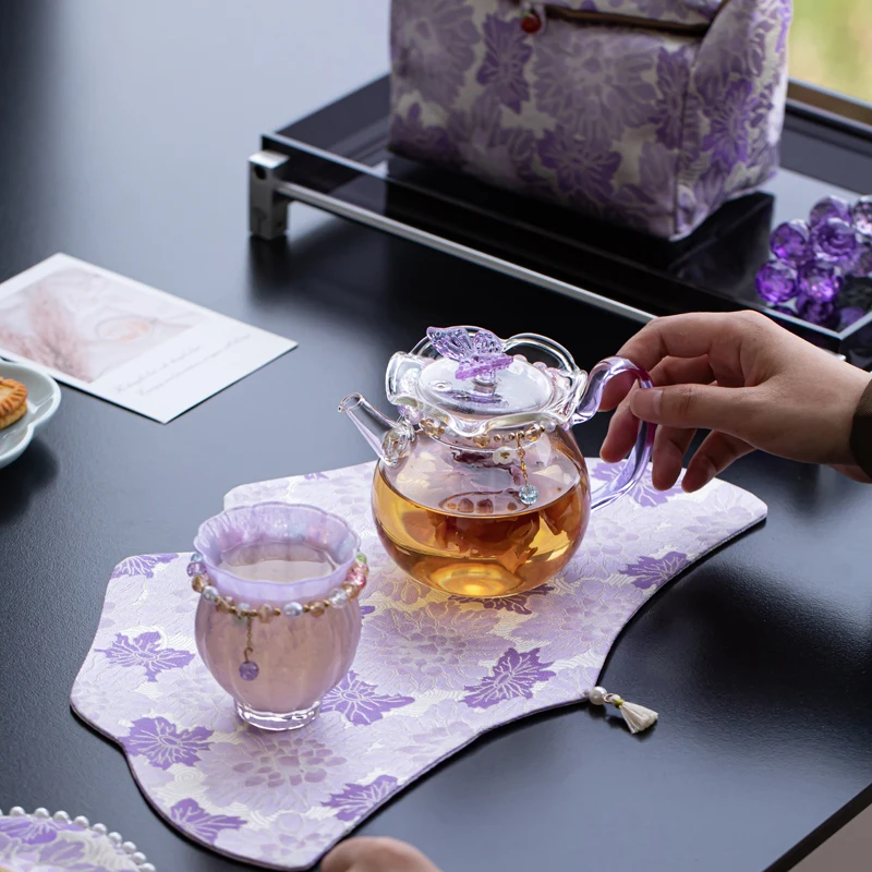 

High Borosilicate Glass Purple Butterfly Travel Tea Set Portable Teapot with Cup for Women Flower Herbal Tea Brewing Gift Box