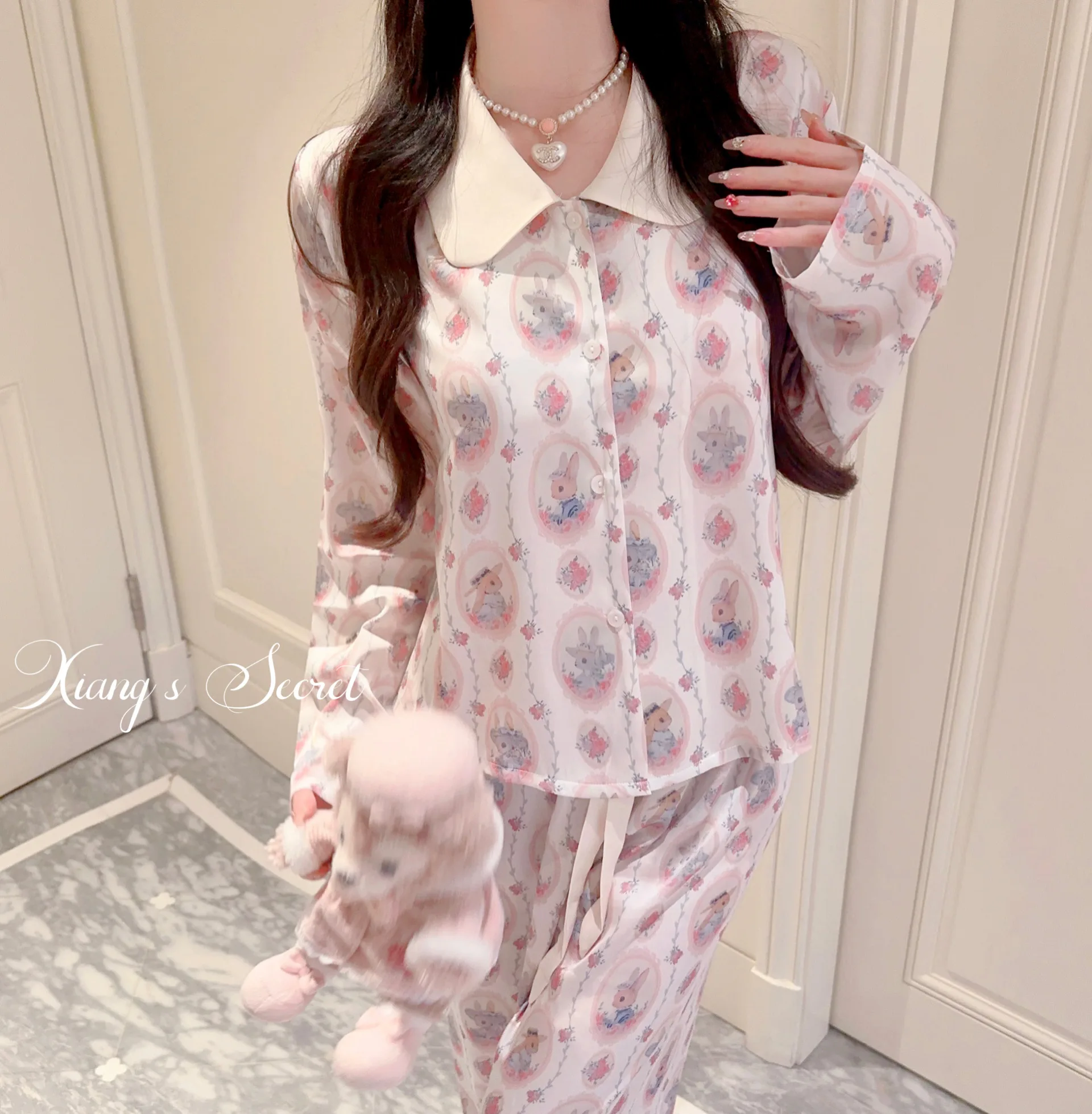Japanese Sweet Girl Original Doll Collar Long-sleeved Ice Silk Loungewear Casual Cartoon Doll Feeling Cool Breathable Pajama Set