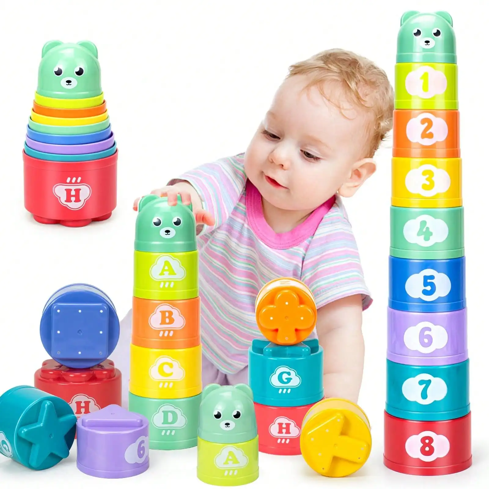 Baby Educational Stacking Cups Set, Cognition Building Blocks Toys, Digital Letter Pattern Stacking Cups (Random Colors)