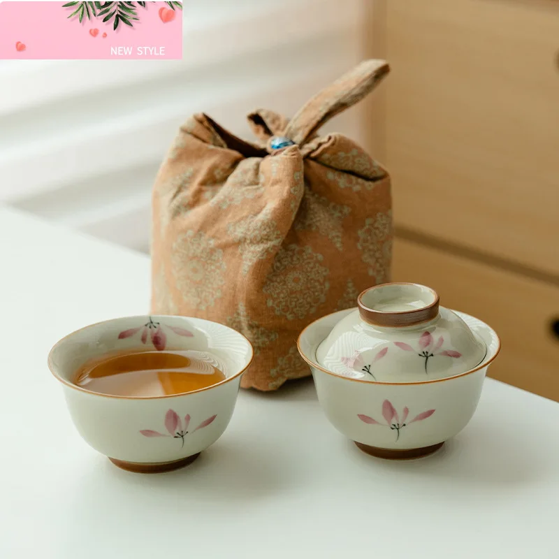 

Pure Hand-painted Pink Orchid Ingot Tea Set Kit Plant Ash Teapot and Cup Set 1 Pot 1 Cup Tea Maker Outdoor Portable Bags Gift