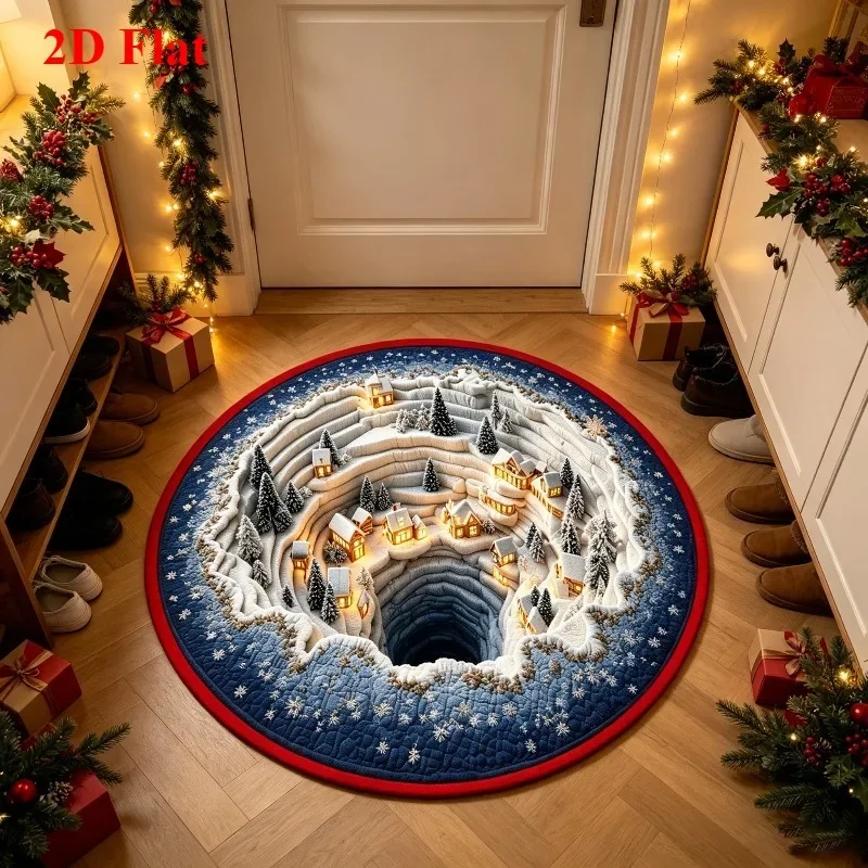 Flannel Area Carpet 2D Flat 3D Illusion Winter Village Rug Soft Fluffy Cozy Snow Town Entrance Bedroom Circle Blanket