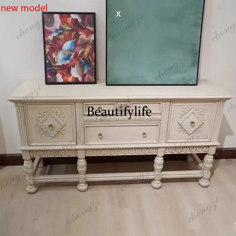 DD182American solid wood carving flower living room entrance cabinet French retro white old dining side cabinet Jane European vi