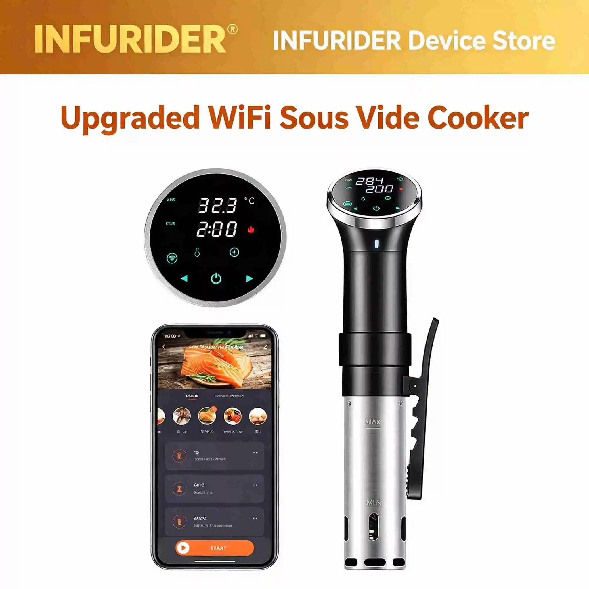 WiFi Sous Vide Cooker 25-95°C 99H Timer 1100W Precision Thermal Circulator Smart App Control for Steak Chicken Fish Vegetables