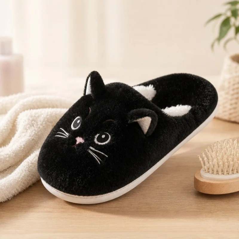 Unisex Winter Slippers Plush Upper Cat Embroidery Detail Fuzzy Lined Slip On Thick Flat Sole Cute Couples Warm Shoes