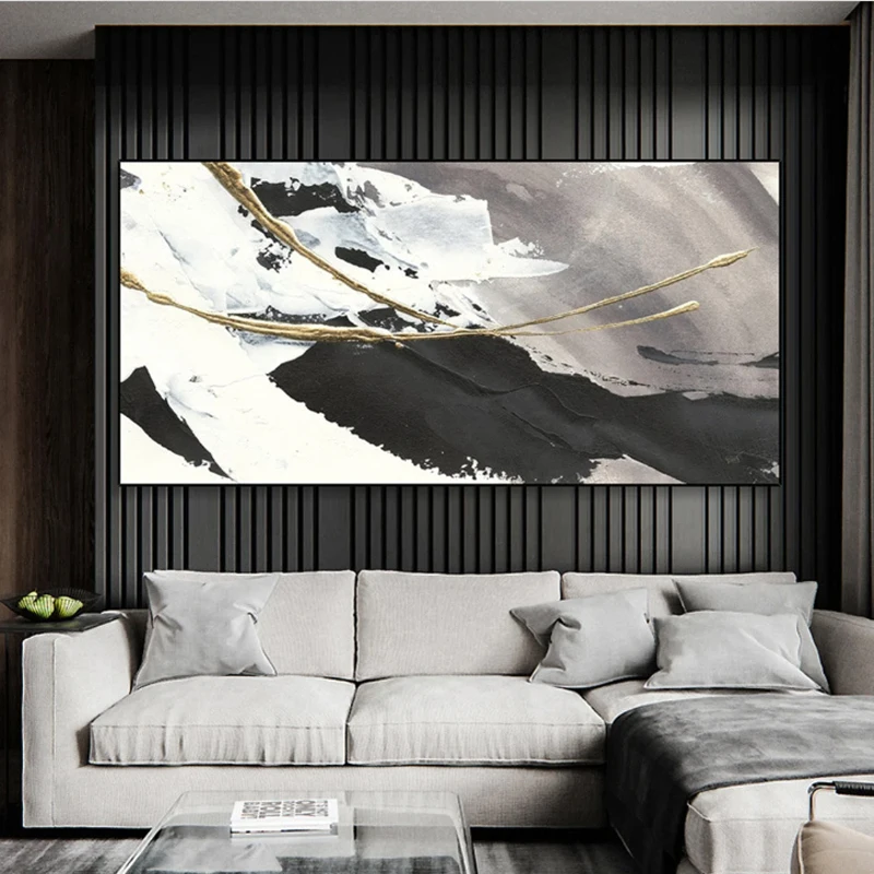 

Large Abstract Oil Painting on Canvas Original Textured Boho Wall Art Gold Foil Black White Acrylic Painting Modern Living Room