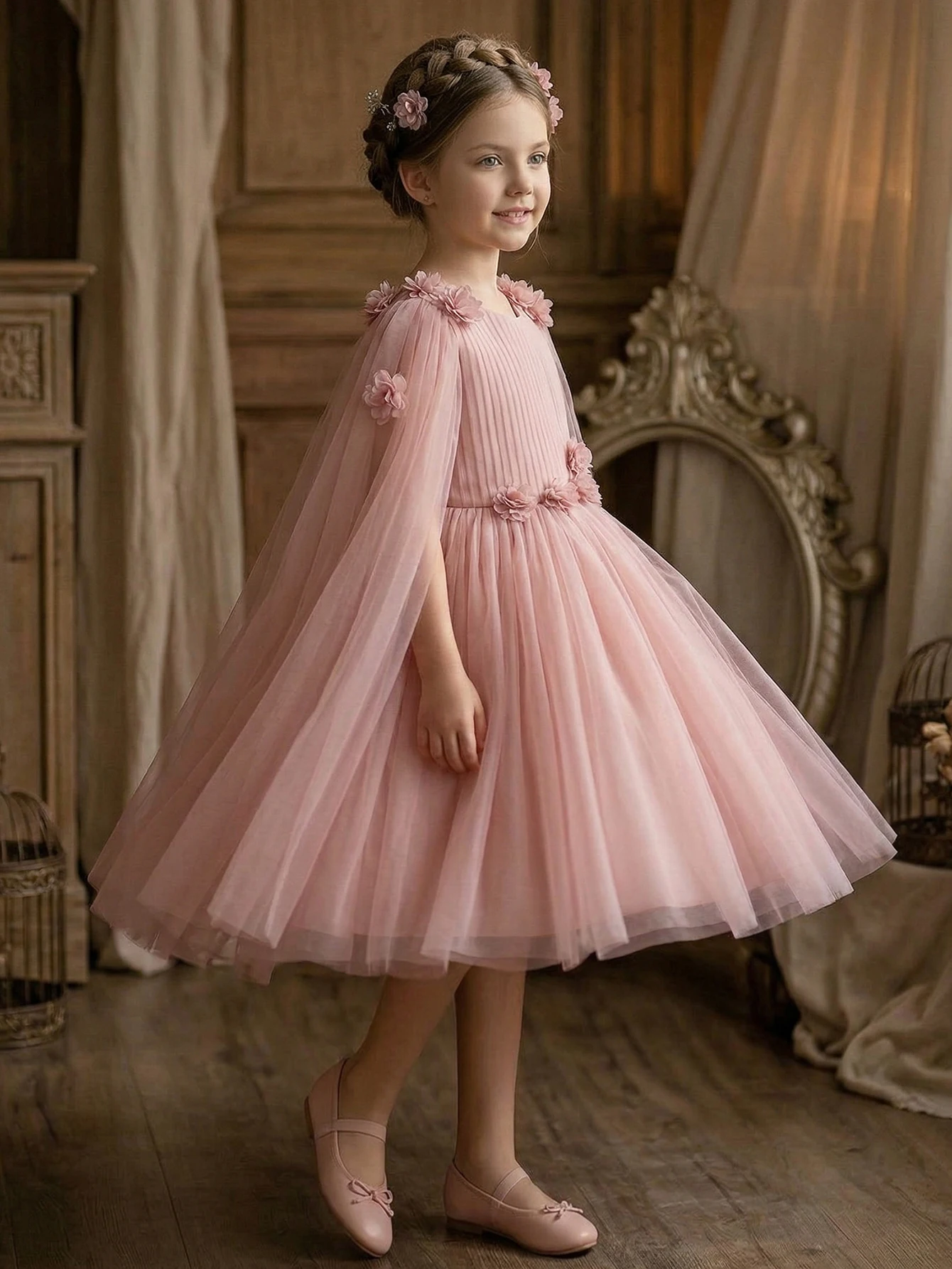 Young Girl 3D Floral Decorative Pleated Puffy Mesh Skirt Flower Girl Dress, Birthday Party Formal Dress, Vacations, Banquets