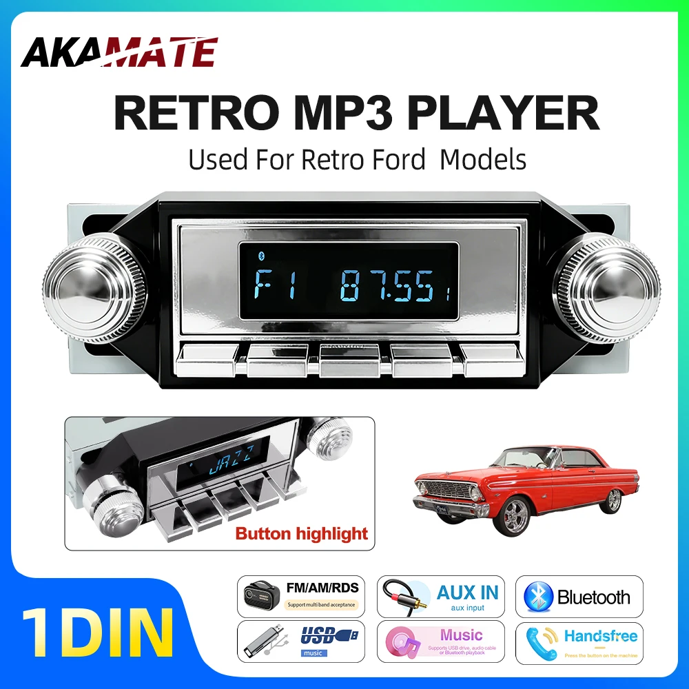 Radio Estéreo Retro para Auto con Reproductor MP3 para Ford Bronco, Serie F, Mustang, Galaxie, Ranchero, Reproductor Multimedia con FM, AM, RDS, Bluetooth, AUX, USB, 12V