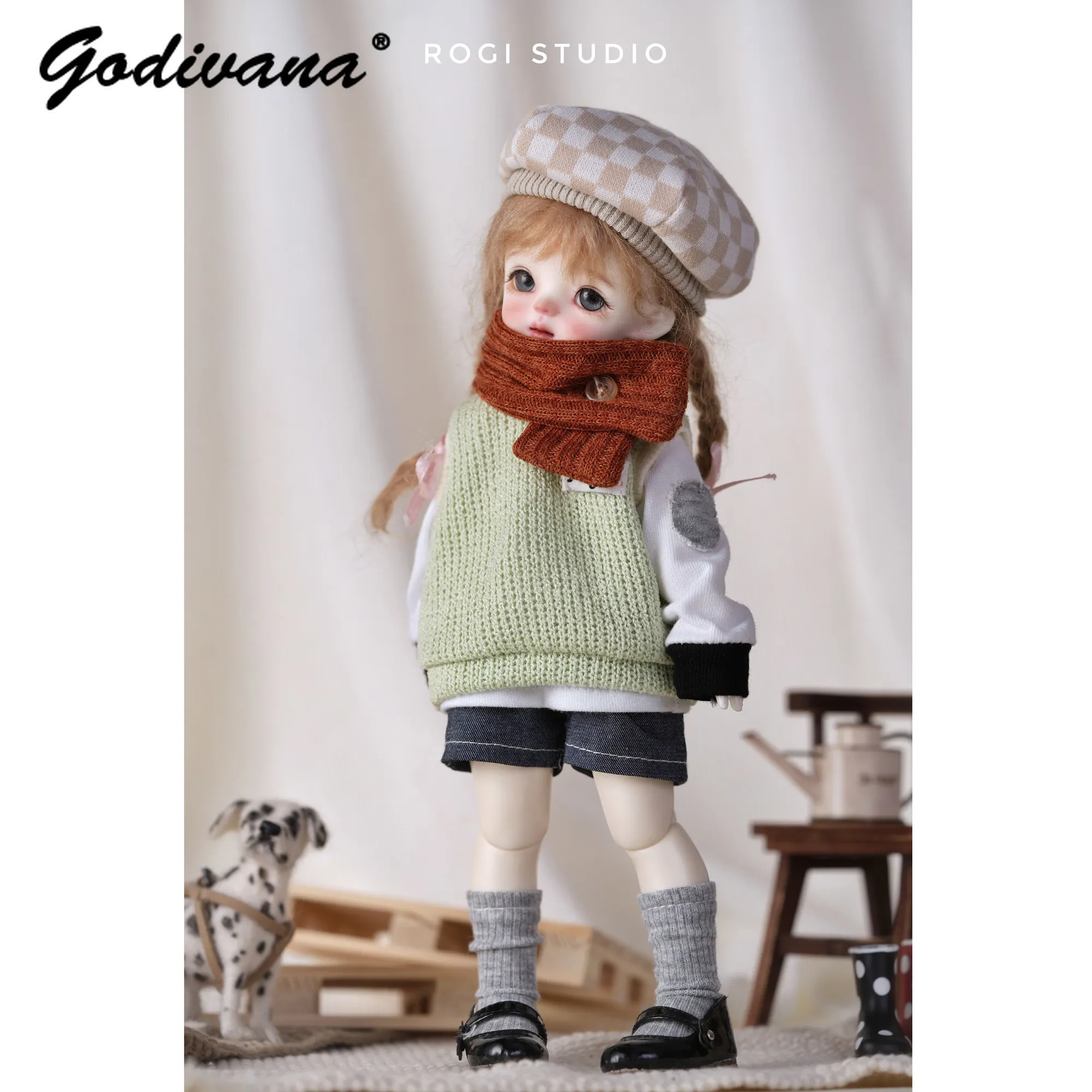 BJD 1/6 Doll Autumn Outfit Knit Vest and Patchwork Long‑sleeve Top + Shorts + Scarf Plaid Hat Preppy Casual Doll Clothes Set