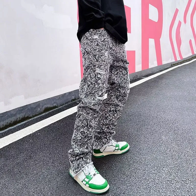 Men Fashion Snakeskin Graphic Jeans Male Baggy Designer High Street Denim Pants American Style Streetwear Casual Denim Trousers