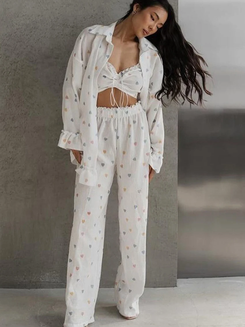 Marthaqiqi Casual Female Pajama Set Turn-Down Collar Sleepwear Long Sleeve Pyjamas Tank Tops Pants Cotton Nightwear 3 Piece Suit