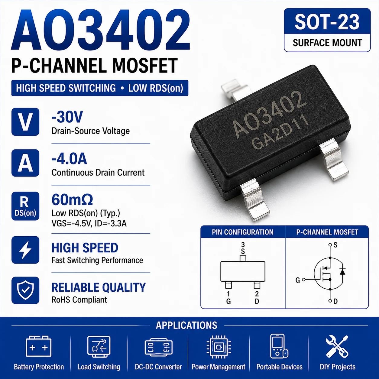 (100pc) AO3402 A29T SOT-23 P Channel MOSFET -30V -4A Low RDS(on) High Speed Switching Transistor