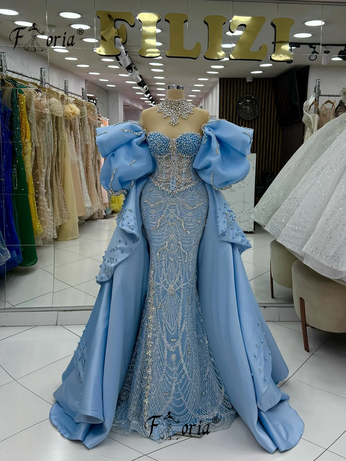 

Роскошные синие свадебные платья русалки с кристаллами и бисером со съемным шлейфом и рюшами на рукавах, женское вечернее платье в Дубае De Mariee