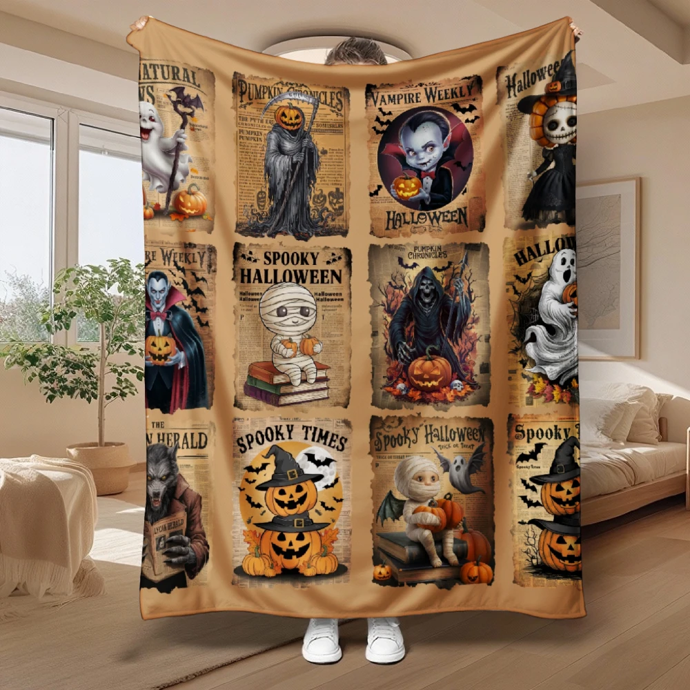 Brown Vintage Halloween Newspaper Print, Party, Home, Outdoor, Salon, Flannel Portable, Lightweight, Soft  Comfortable Blanket