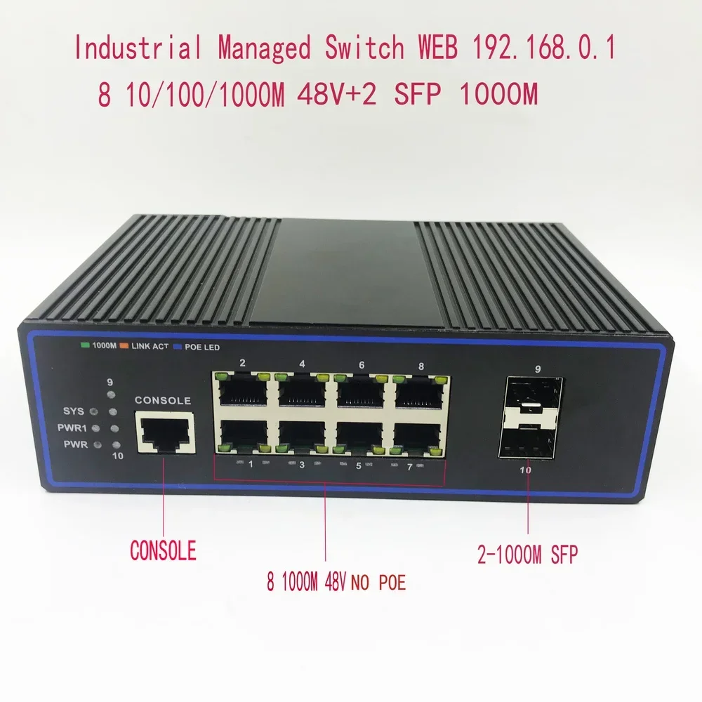 8 منافذ 1000 متر مفتاح POE صناعي 10/100/1000 متر 2SFP شبكة تبديل صناعية VLAN 192.168.0.1 مُدارة على الويب