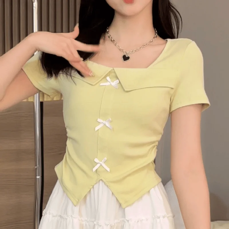 Square Collar Collarbone Shoulder Short-sleeved T-shirt For Women In Summer New Three-dimensional Bow Slim Top