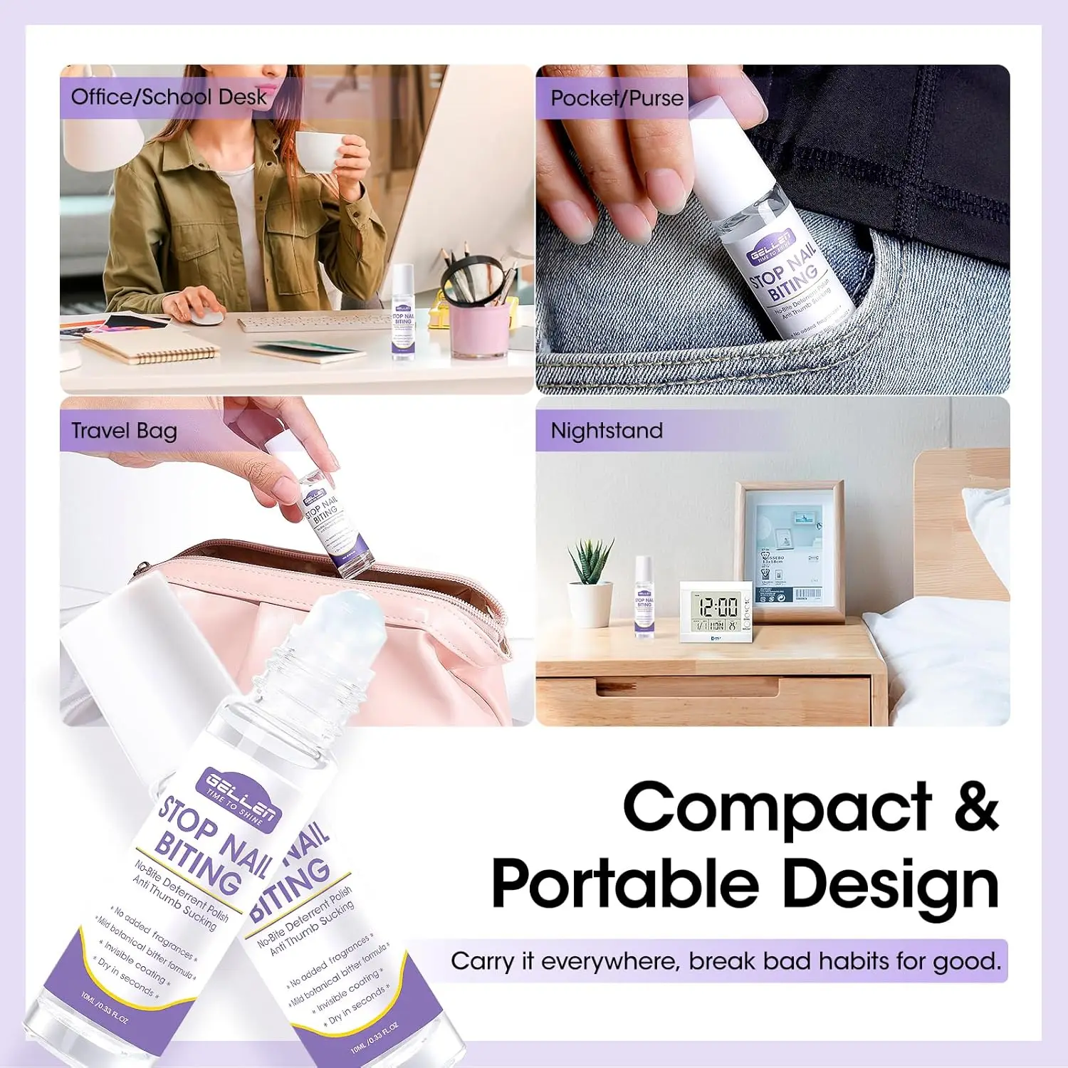 GELLEN Nail Biting Treatment Care Solution 10ml Roll-On Stop Thumb Sucking Deterrent Quick Dry Water Resistant Nail Polish