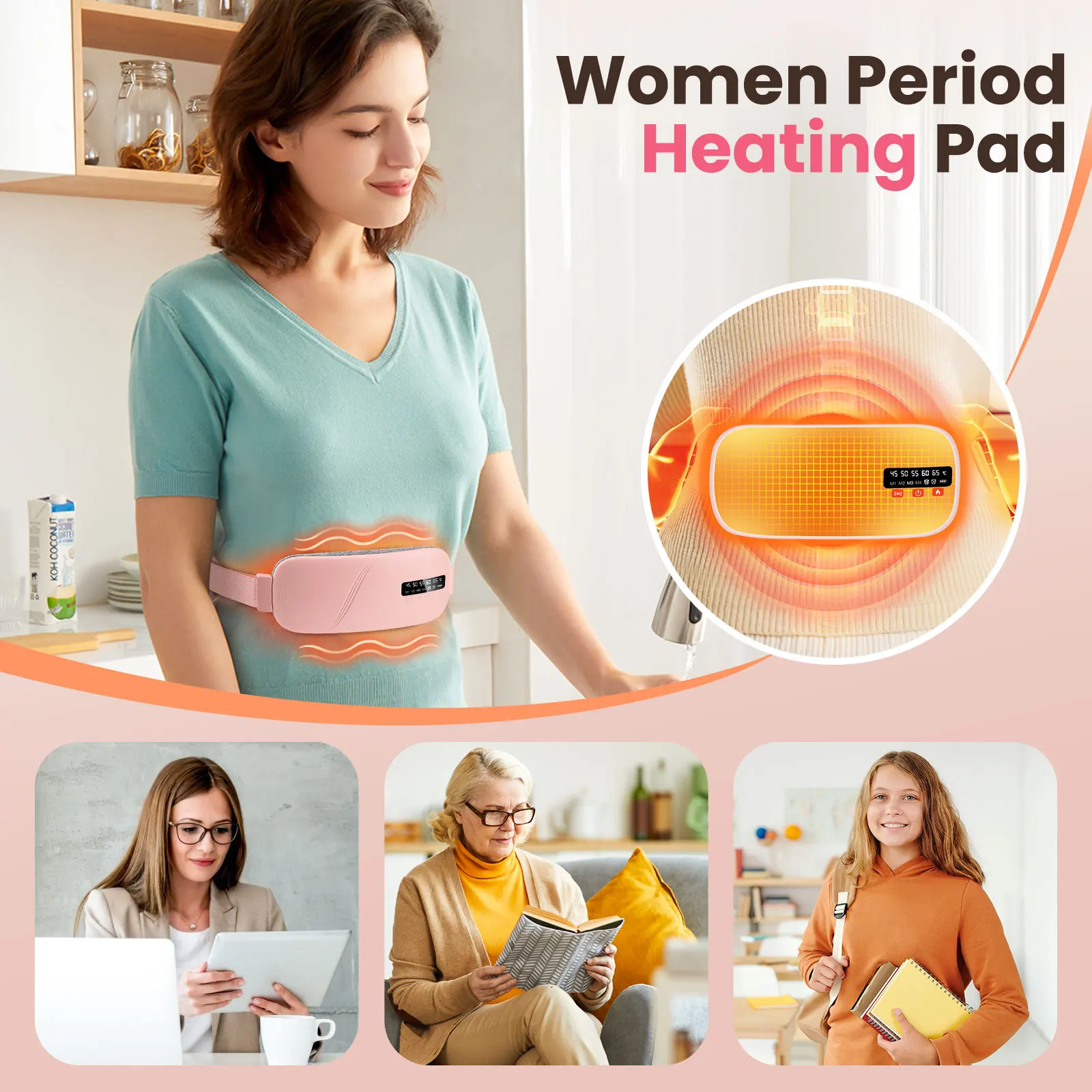 Heating Pad for Women, Vibrating Massager Belt with 5 Heat 45-65℃ & 4 Modes, Cordless Period Warm Compress, Abdominal Wrap