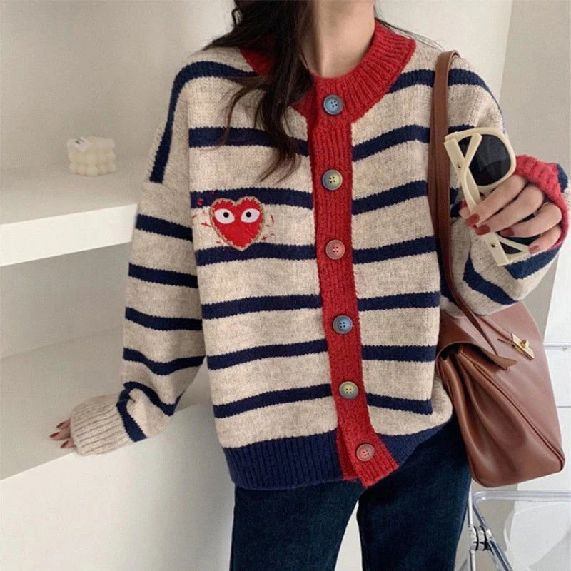 Autumn Winter Stripes Knitted Cardigan Women Warm Round Neck Long-Sleeved Sweater Casual Single Breasted Matching Button Tops