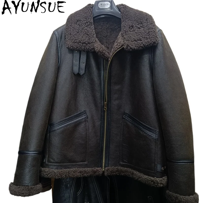 

AYUNSUE натуральная шерстяная шуба мужская зимняя повседневная куртка из натуральной овчины мужская темно-коричневая шуба с лацканами Chaqueta Hombre