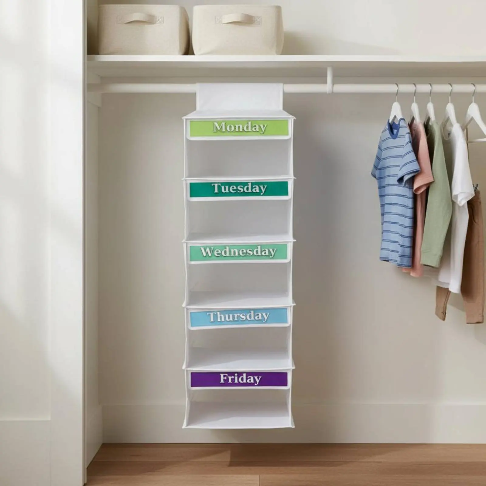 7Tiers Hanging Storage Bag Weekly Clothes Organizer Space Saving Foldable Closet Shelf for Kids Bathroom Snacks Toys Clothes