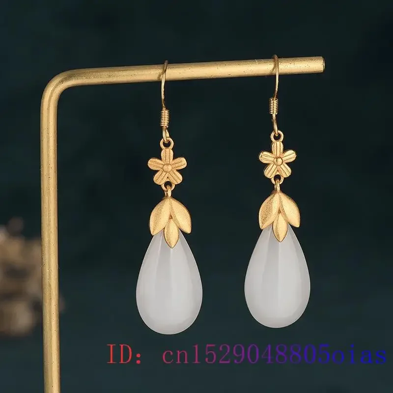 White Jade Water drop Earrings Women Charm Chalcedony Gemstone Crystal Fashion Natural Amulet Gifts Jewelry Zircon 925 Silver