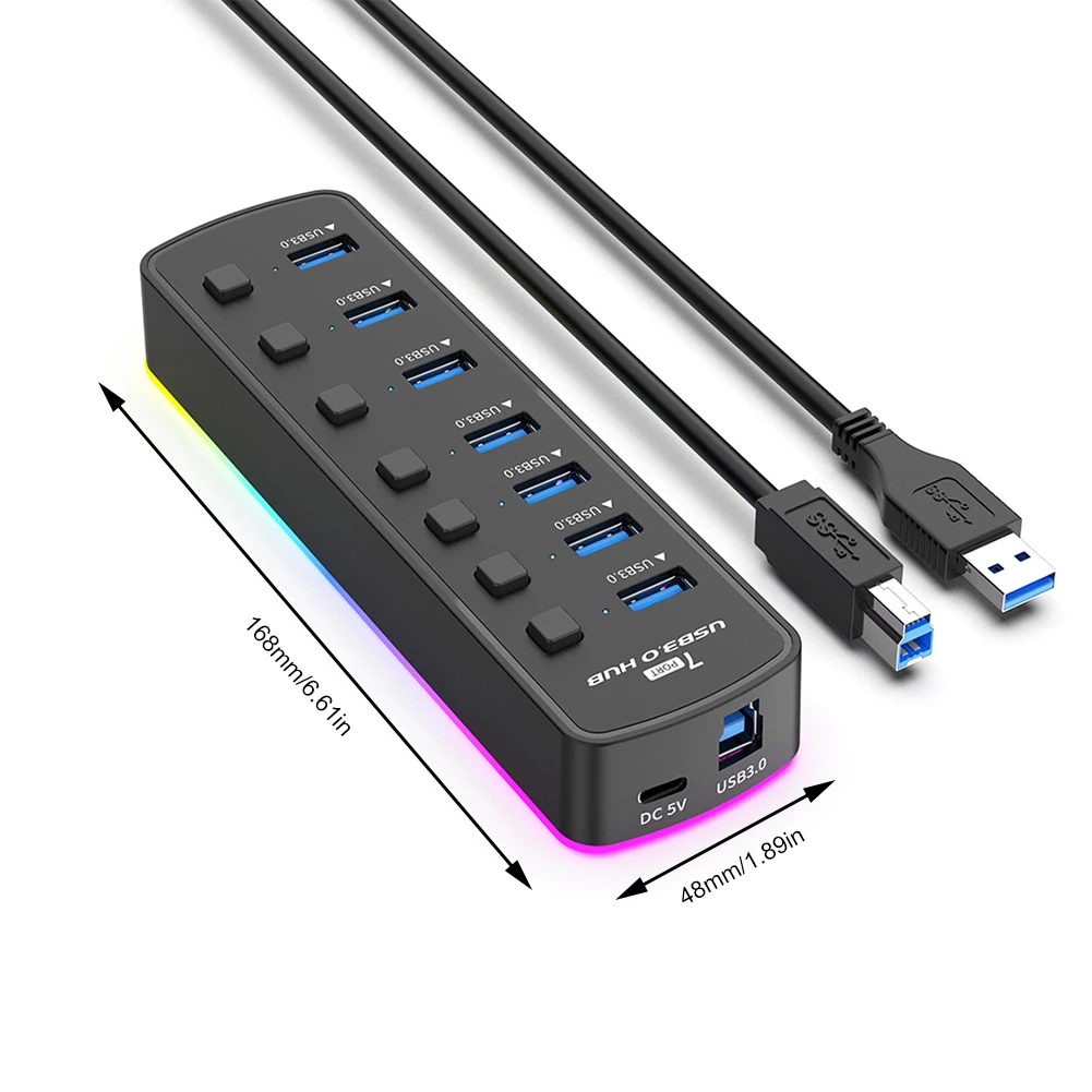 USB 3.0 Power Adapter 7 Ports Multi USB Splitter Hub USB Hub 2.0 USB Multiple Expander With Backlit 5Gbps Docking Station