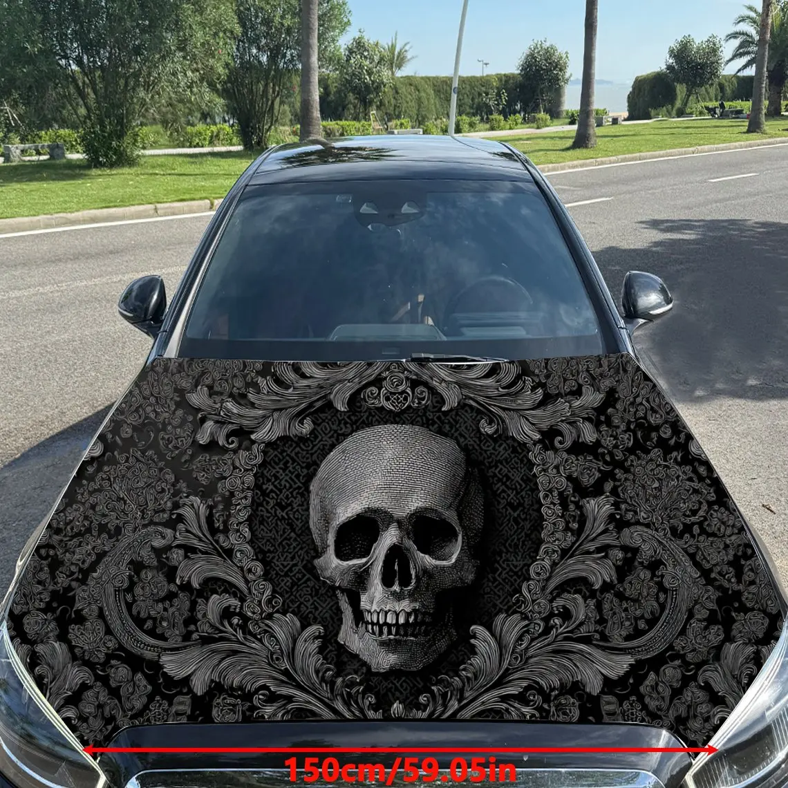 Car Decal Skull with Textural Ornamental Elements in Artistic Dark Background & Gothic-Intricate Visual Details Car Hood Sticker