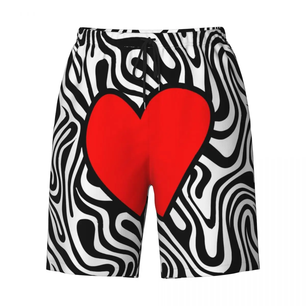 Pantaloncini da surf da uomo Costume da bagno casual a righe zebrate Cuore rosso Pantaloni corti da spiaggia oversize alla moda sportivi ad asciugatura rapida