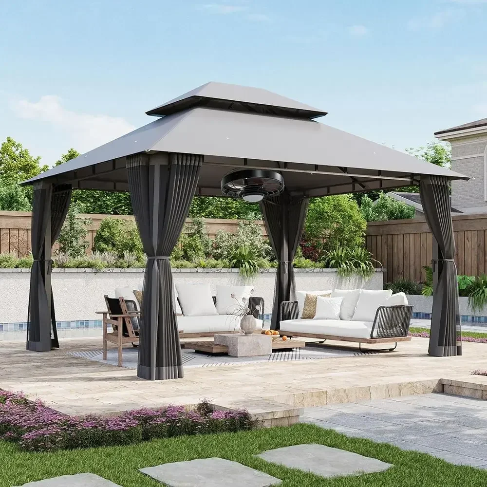 12x10 Gazebo with 20 inch Ceiling an, Patio Gazebo with Double Roo & Mosquito Netting Outdoor Heavy-Duty Party Tent, Backyard Ga