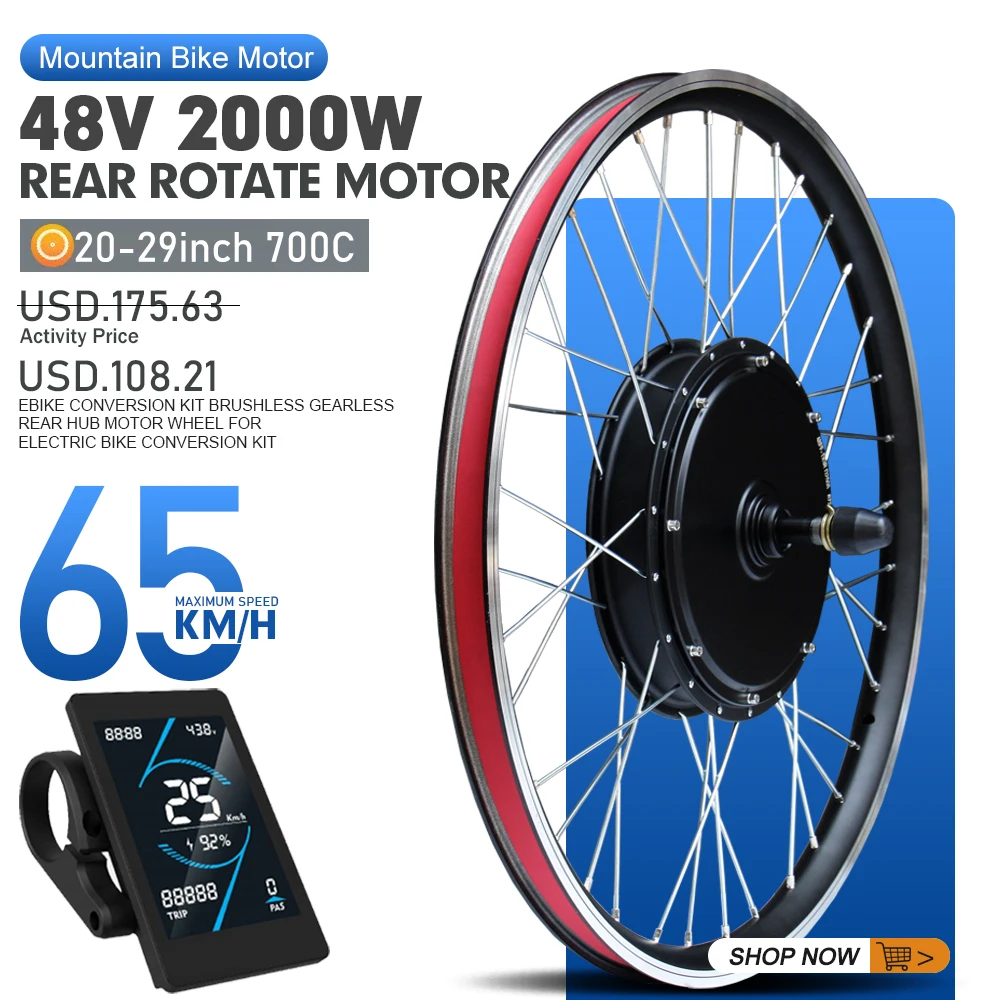48V 2000W Ebike Conversion Kit Rear Rotate Gearless Brushelss Hub Motor Wheel 26"27.5" 700C Electric Bike Bicycle Conversion Kit