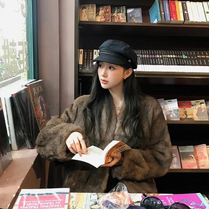 YOLANFAIRY 女性の本物のウサギの毛皮のコート高級ハイエンド V ネック長袖ファッションレディース天然ウサギの毛皮のジャケット 2025