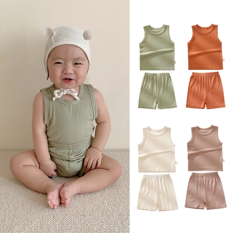 

Jenny&Dave Baby Tank Top and Shorts Set 2023 Breathable Thin Boys and Girls Modal Ice Silk Split Two Piece Set