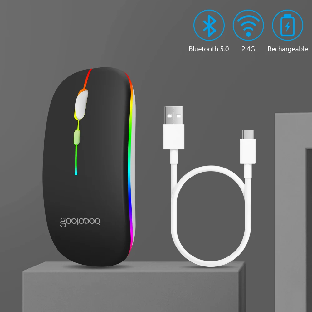 GOOJODOQ Bluetooth + 2.4G Mouse de modo duplo recarregável luz colorida 800-1200-1600 DPI clique silencioso design ergonômico