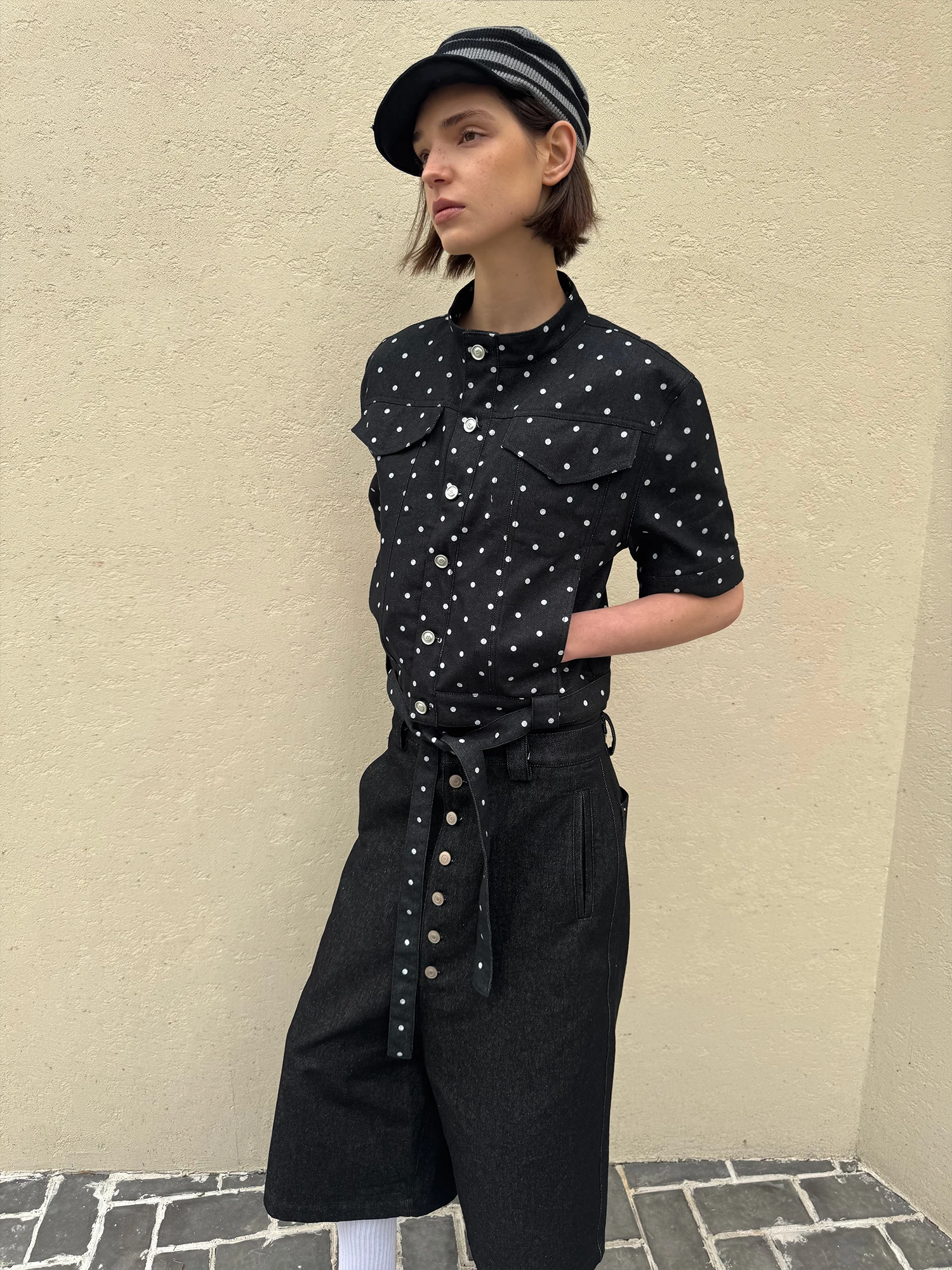 Summer Short Sleeve Denim Effect Casual Shirt with Polka Dot Pattern Short And Slim Fit Shoulder Tie Stand Collar Coat