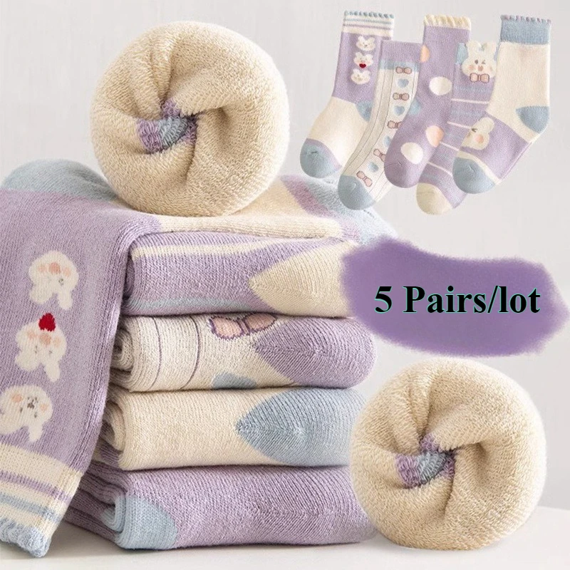 

5 Pairs /bag Winter Children Socks Warm Autumn And Winter Plush Thicken Toddler Girls Cotton Middle Tube Sock For 1-14 Year