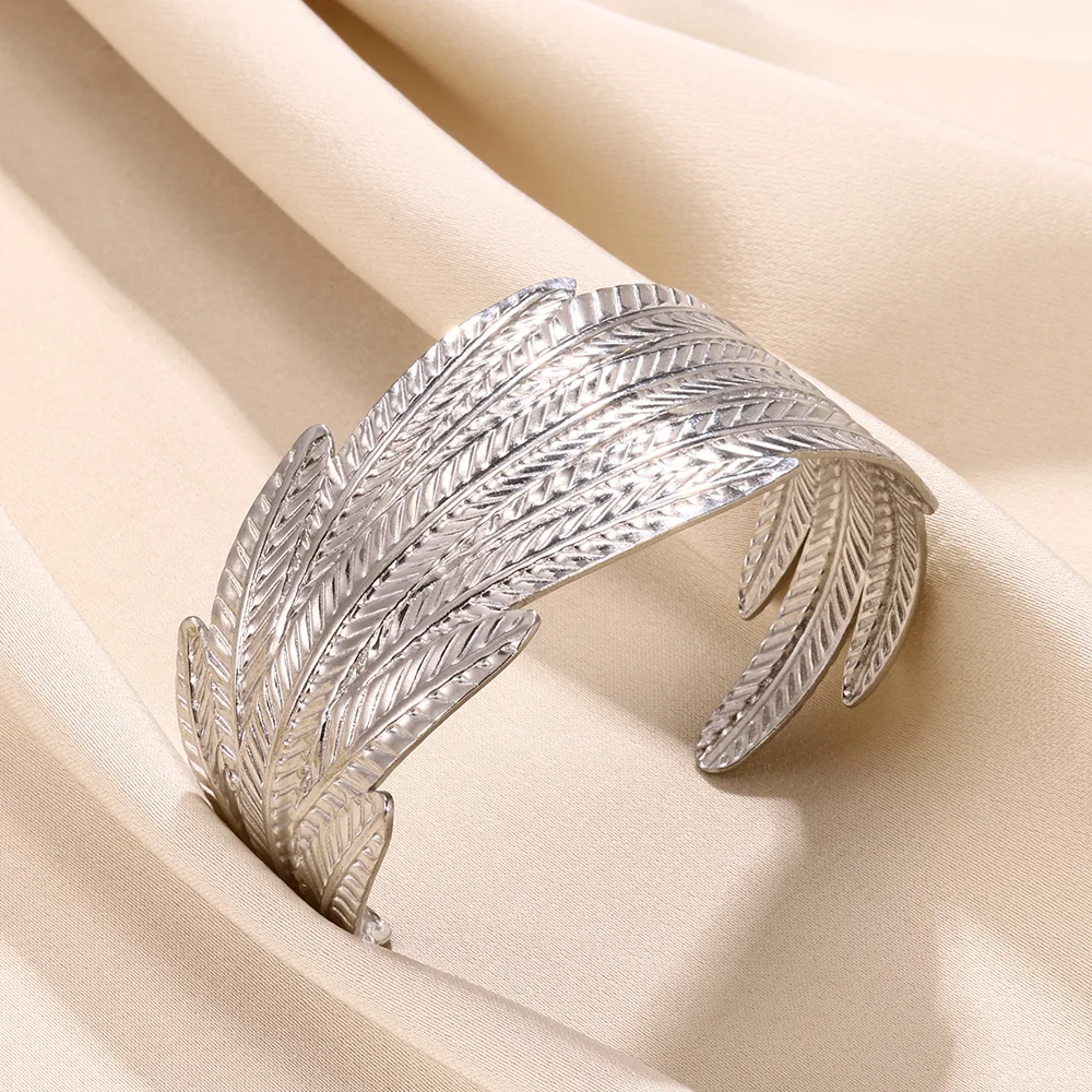 Silver Color Leaf Wide Cuff Bangles For Women Stainless Steel Adjustable Bracelet Fashion Party Jewelry Christmas Gifts