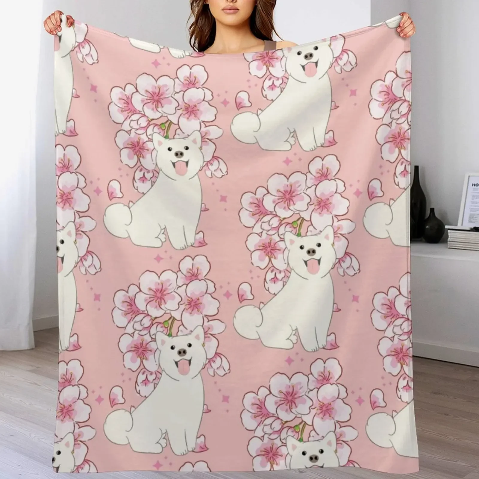 

Cream Shiba Inu Cherry blossom Throw Blanket Large Bed linens Blankets