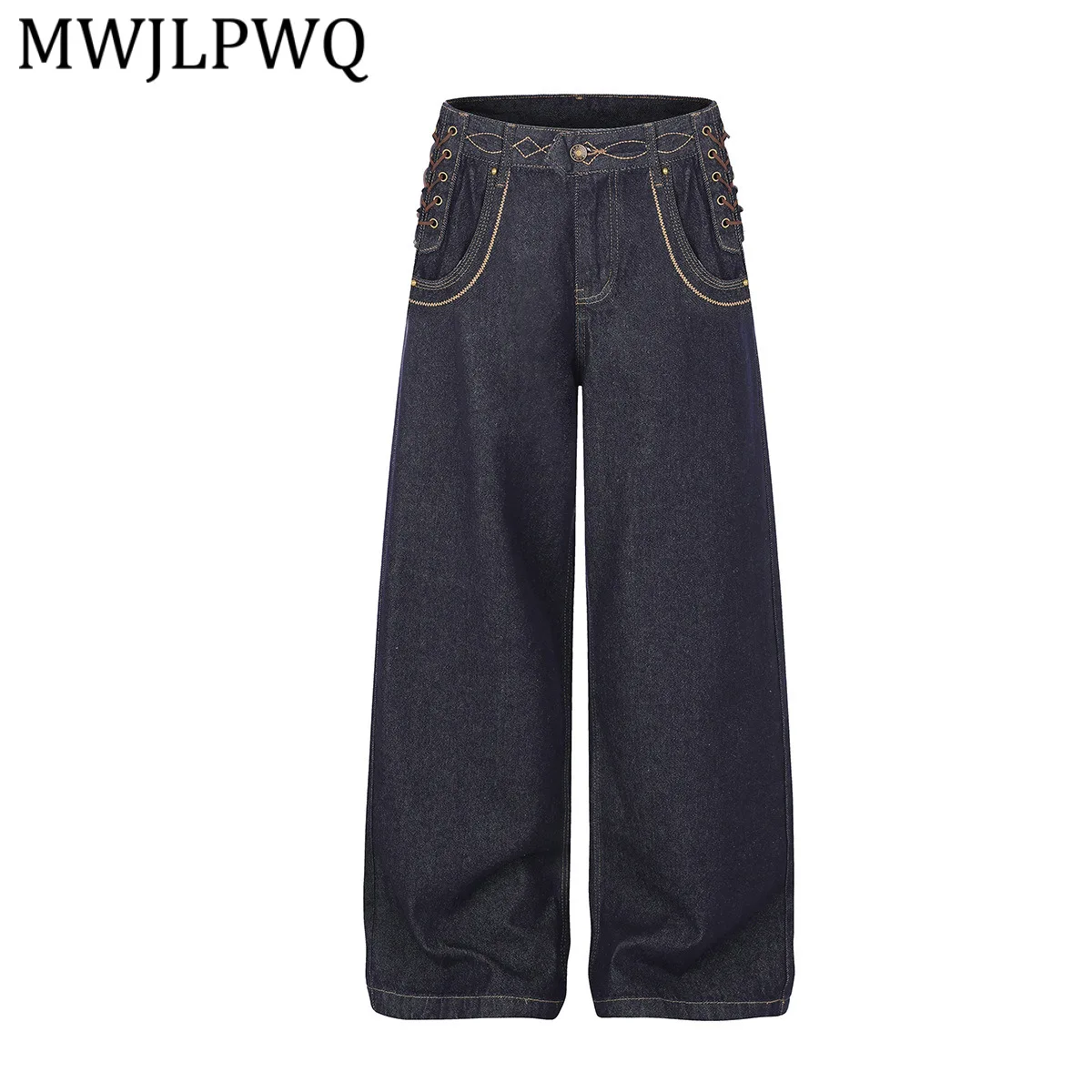MWJLPWQ Street Style Heavy-Duty Binding Design Washed Denim Straight Loose Wide-Leg Pants For Men And Women American Jeans 6669