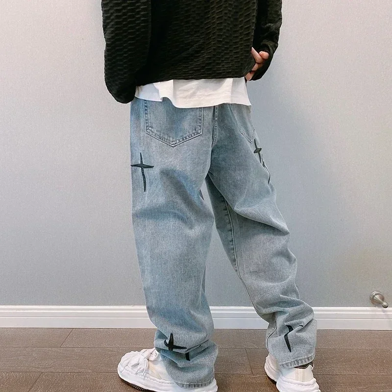 Men's Prints Jeans 2024 New Korean Fashion Casual Baggy Wide Pants Drapes Straight Streetwear Hip Hop Student Male Trousers