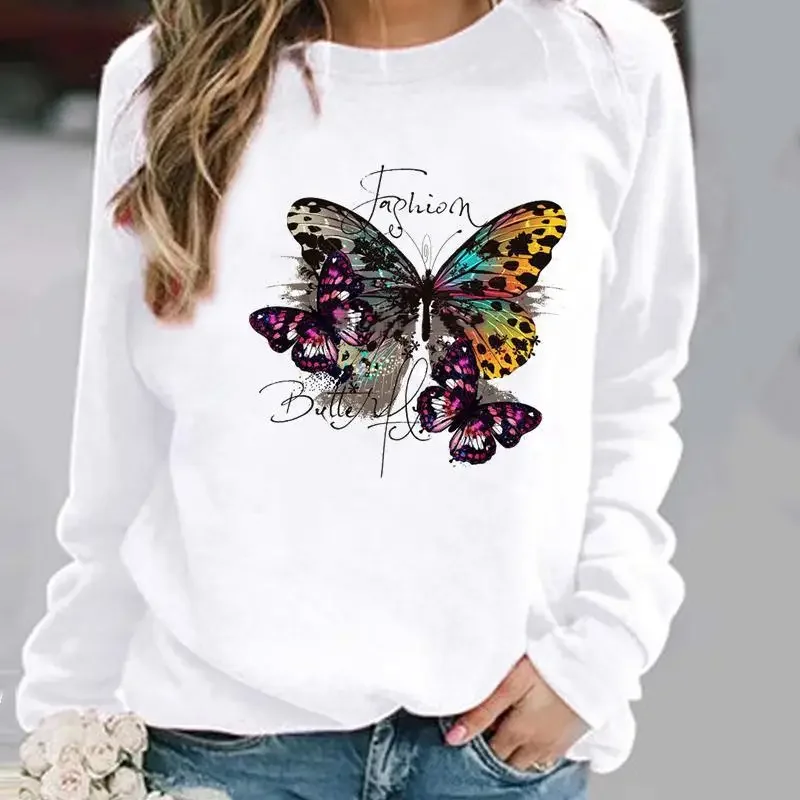 Europe and United States Butterfly Dandelion Print Pattern Crewneck Hoodie Top Sweatshirt  Streetwear Women  Clothes Sweatshirts