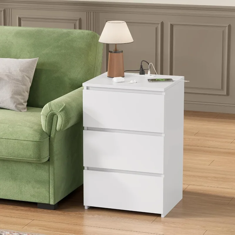 FOTOSOK White Nightstand Set 2, 26" H White Night Stand dengan Stasiun Pengisian Daya, Nightstand Set 2 dengan Port USB & Stopkontak