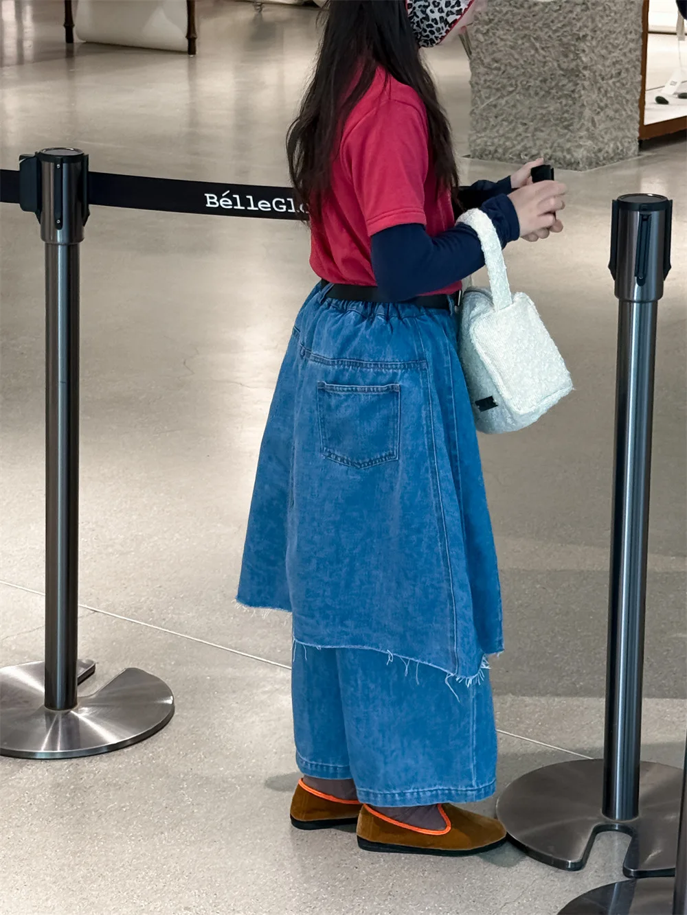 Girls Jeans 2025 Autumn Spring New Korean Fashionable Fake Two-Piece Denim Pants for Big Kids Solid Color All-match Trousers
