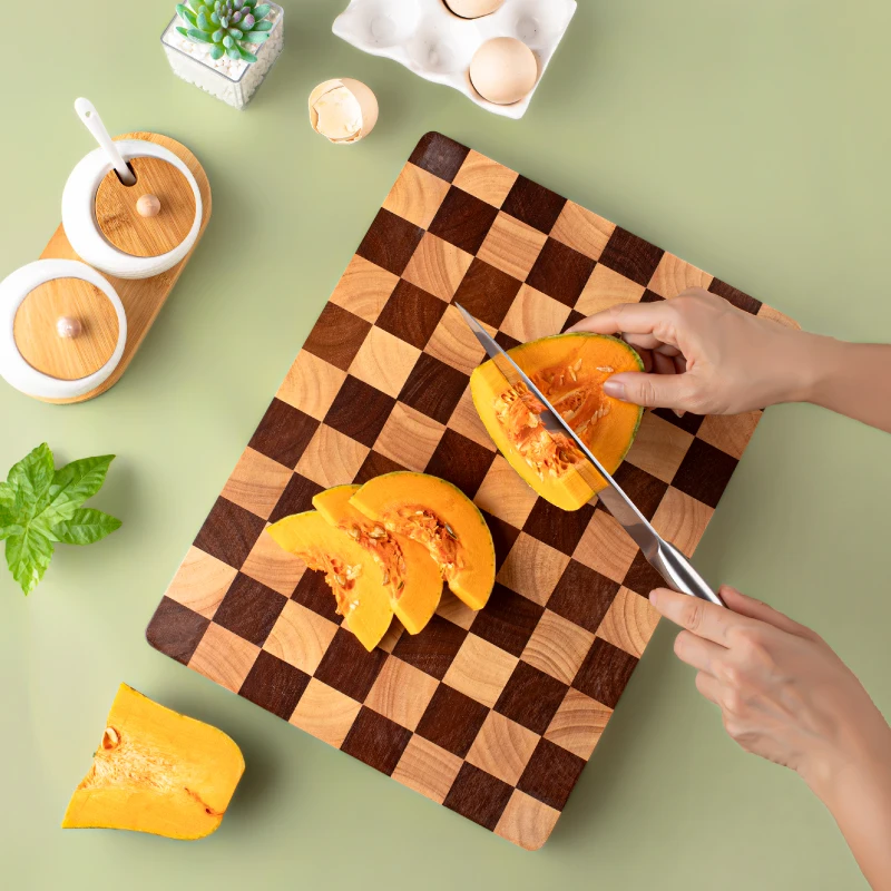 1 pc Cutting Boards for Kitchen, Checkered Cutting Board Upgraded, RUbber Wood Chopping Board with Inner Handles