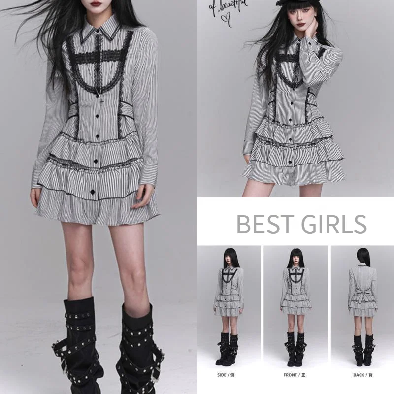 

Gothic Y2K Ghost Dresses Gothic Striped Shirt Dress Long Sleeves Halloween Outfit Kawaii Lolita Fashion A-line Dress Girls New