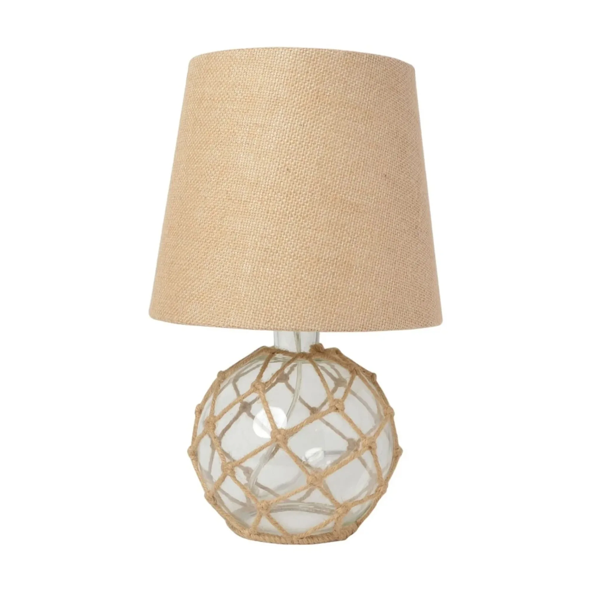 

Buoy Rope Nautical Netted Coastal Ocean Sea Glass Table Lamp With Burlap Fabric Shade, Clear