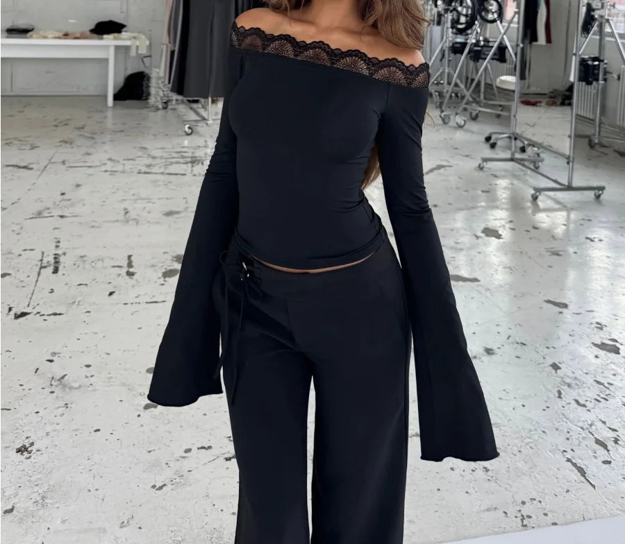Women's Top 2026 Spring Summer New Solid Color Off Shoulder Eyelashes Patchwork Flare Long Sleeve Sexy Slim Fit Shirt Top