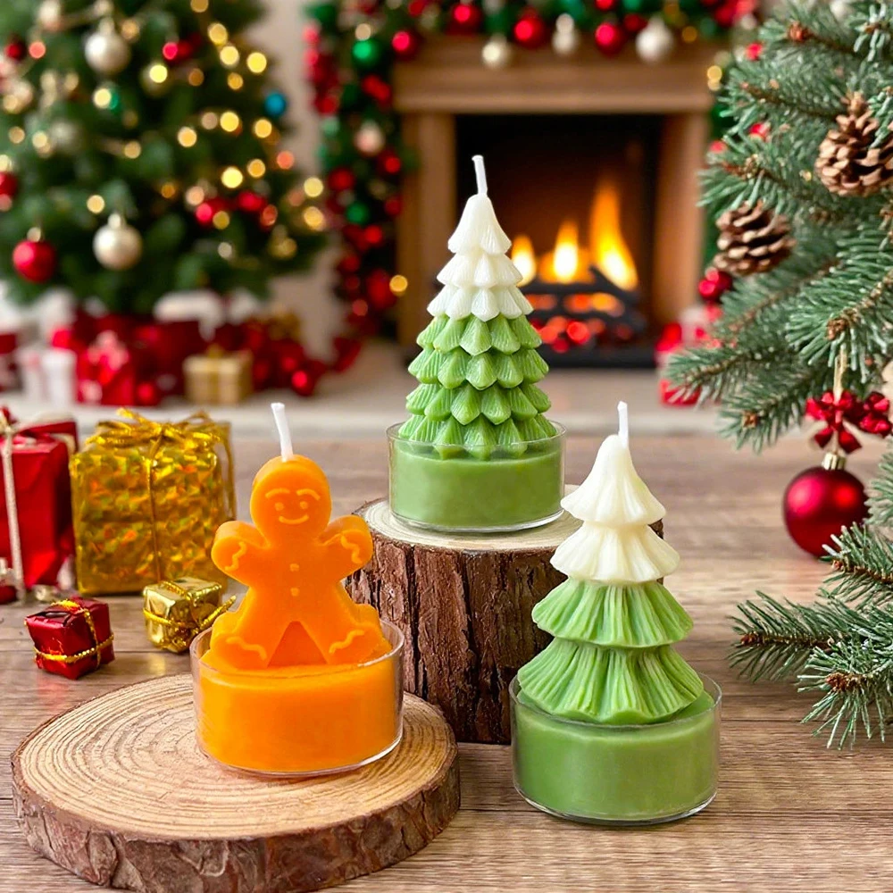 1pc Mini Weihnachten Baum Aromatherapie Kerze Festival Atmosphäre Dekoration Festival Geschenk Lebkuchen Mann Geformt Tasse Wachs Kerze